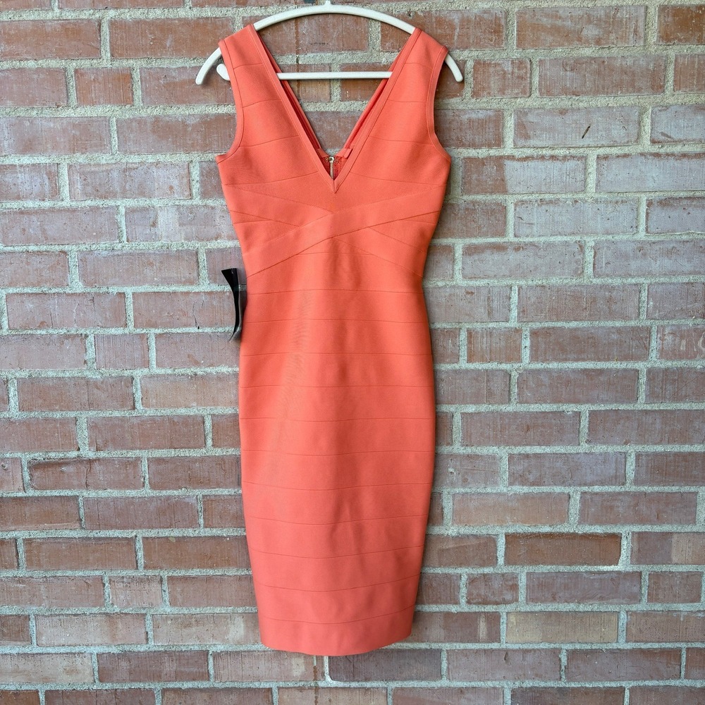 NWT Bebe Double V Bandage Bodycon Dress Coral‎ Reef Orange Women's Small